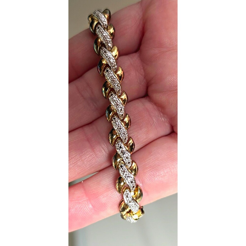 Vintage Gold Plated Sterling Silver Link Tennis Bracelet With Cubic Zirconia